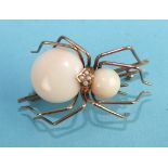 A large spider brooch with coral thorax and abdomen, mounted on a bar brooch, unmarked, 3.9cm