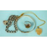 A modern 9ct gold (back and front) heart-shaped locket on chain, 6g, a gold-plated bangle and