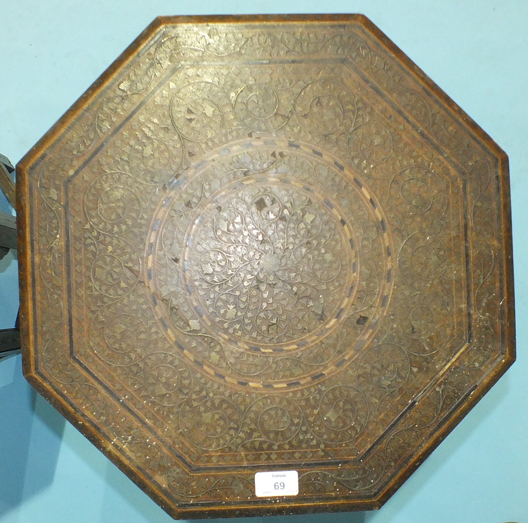 Two octagonal brass inlay hardwood occasional tables with hinged folding stands, (some inlay - Image 2 of 3