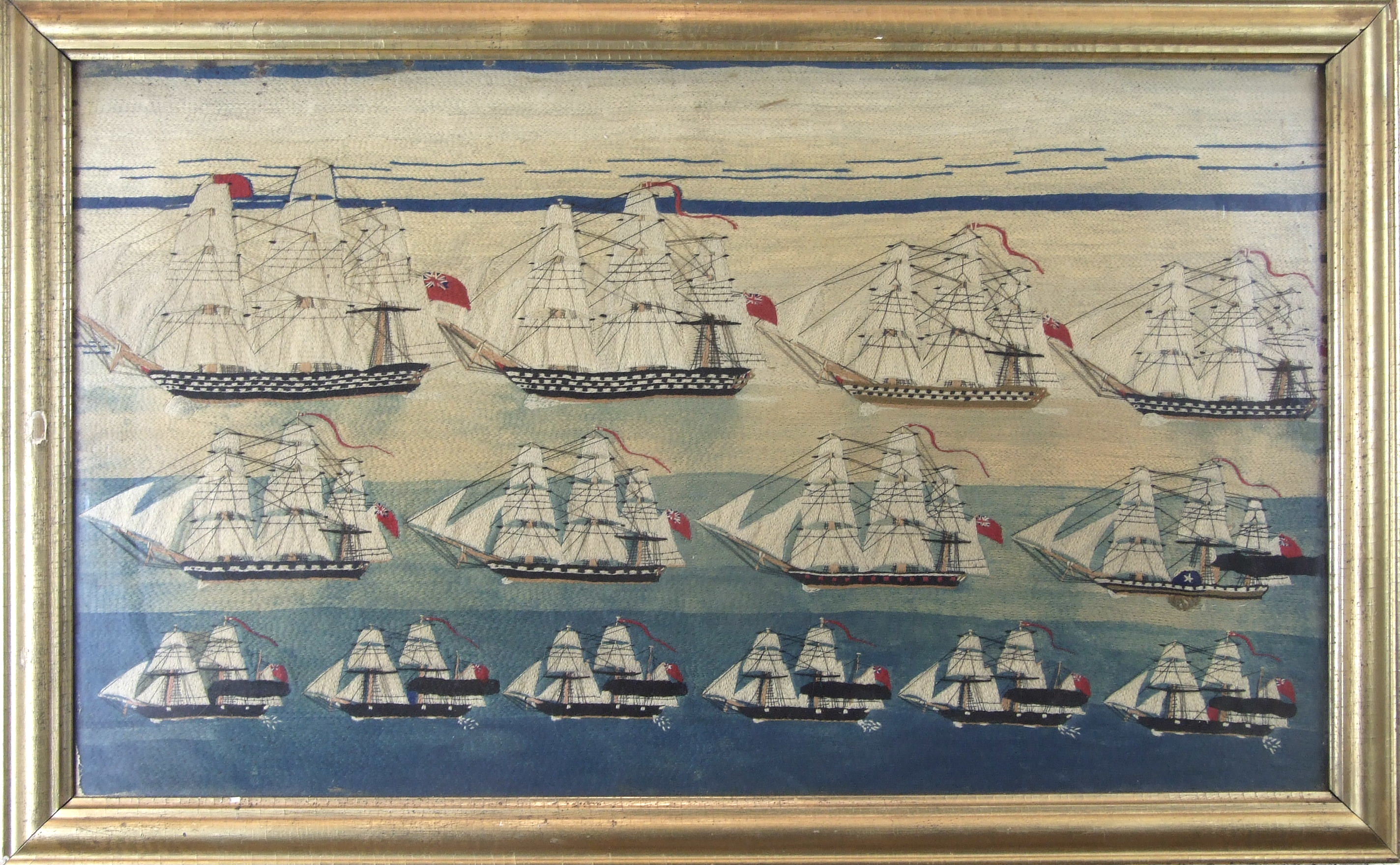 A good sailor's wool-work picture depicting a mid-19th century squadron of sail, steam-sail and