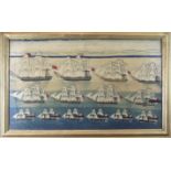 A good sailor's wool-work picture depicting a mid-19th century squadron of sail, steam-sail and