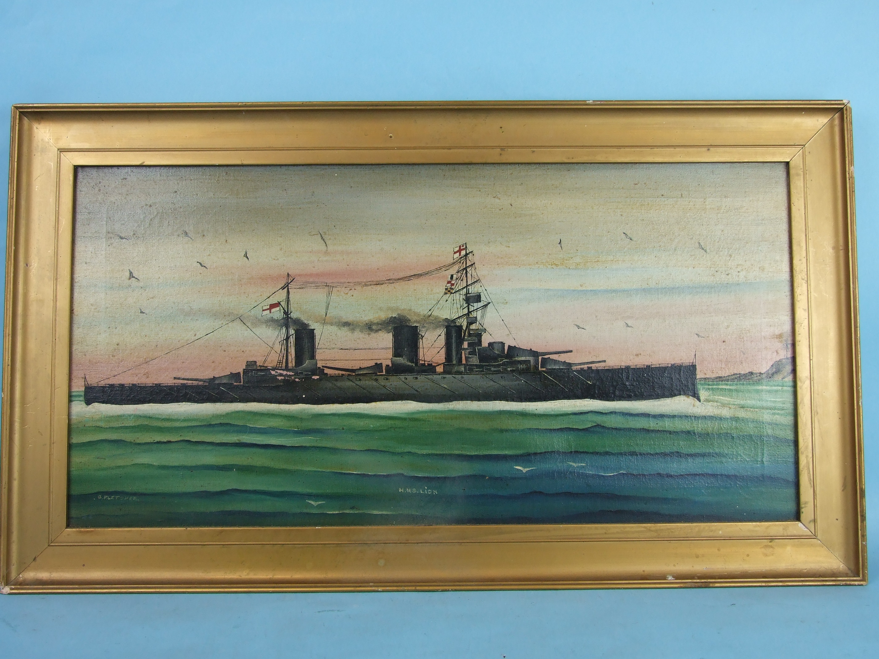 •G Fletcher (20th century Naïve School) HMS LION Oil on canvas, signed and titled, 29.5 x 60cm and a - Image 2 of 4