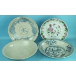 Three large 19th century or earlier Japanese porcelain dishes decorated with stylised flowers and