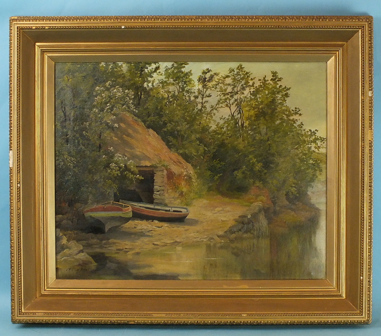 J Evelyn-West BOATS ON A LAKE SHORE Signed oil on canvas, 41.5 x 51.5cm. - Image 2 of 2