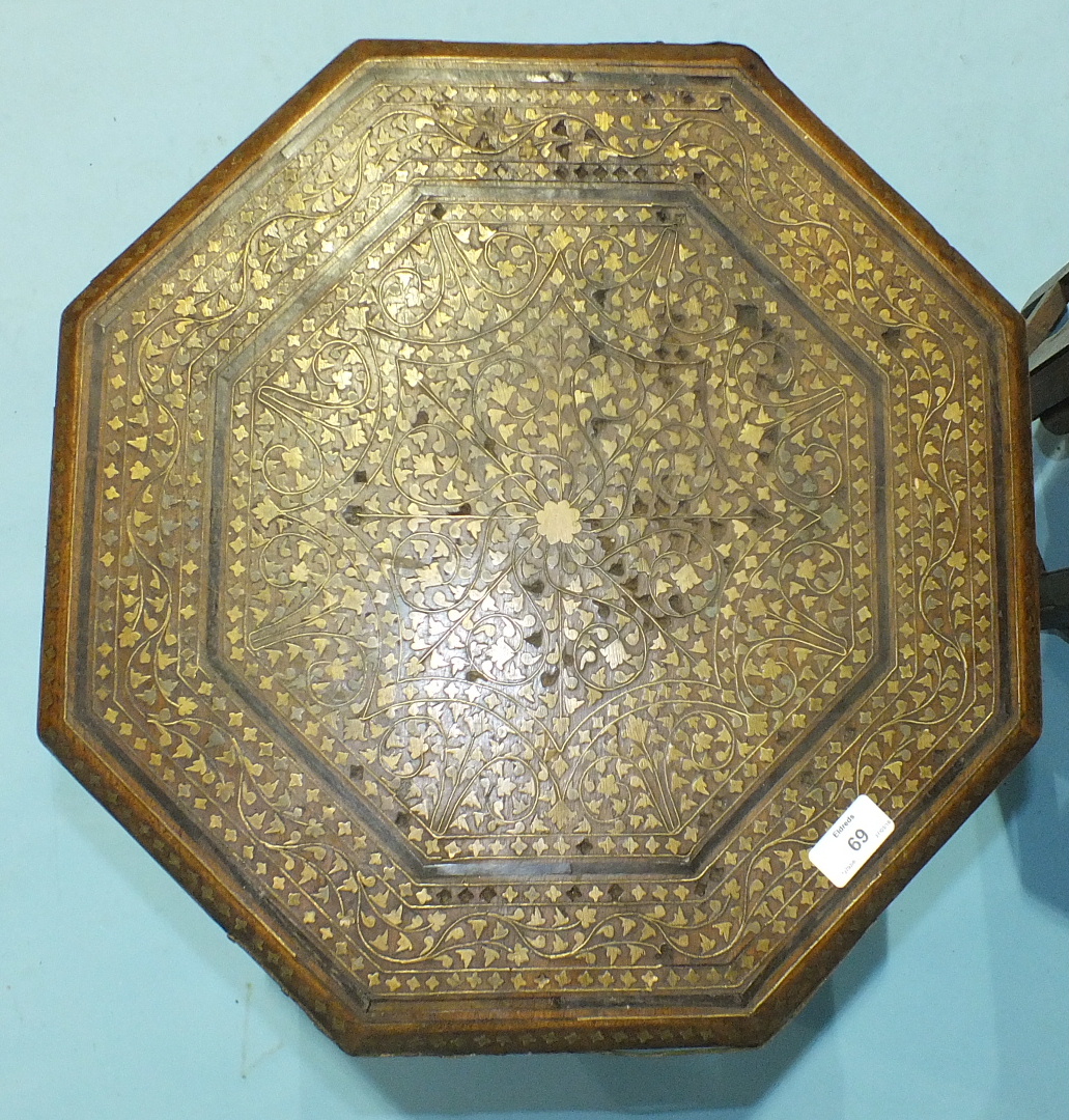 Two octagonal brass inlay hardwood occasional tables with hinged folding stands, (some inlay - Image 3 of 3