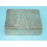 A Continental silver rectangular box, the lid embossed with fishing, smoking and gardening scenes,