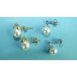 A pair of 14ct gold cultured pearl ear studs and another pair with 9ct white gold mounts, (2).