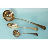 An Old English and beaded ladle, London 1783, an Old English sauce ladle, London 1786 and a