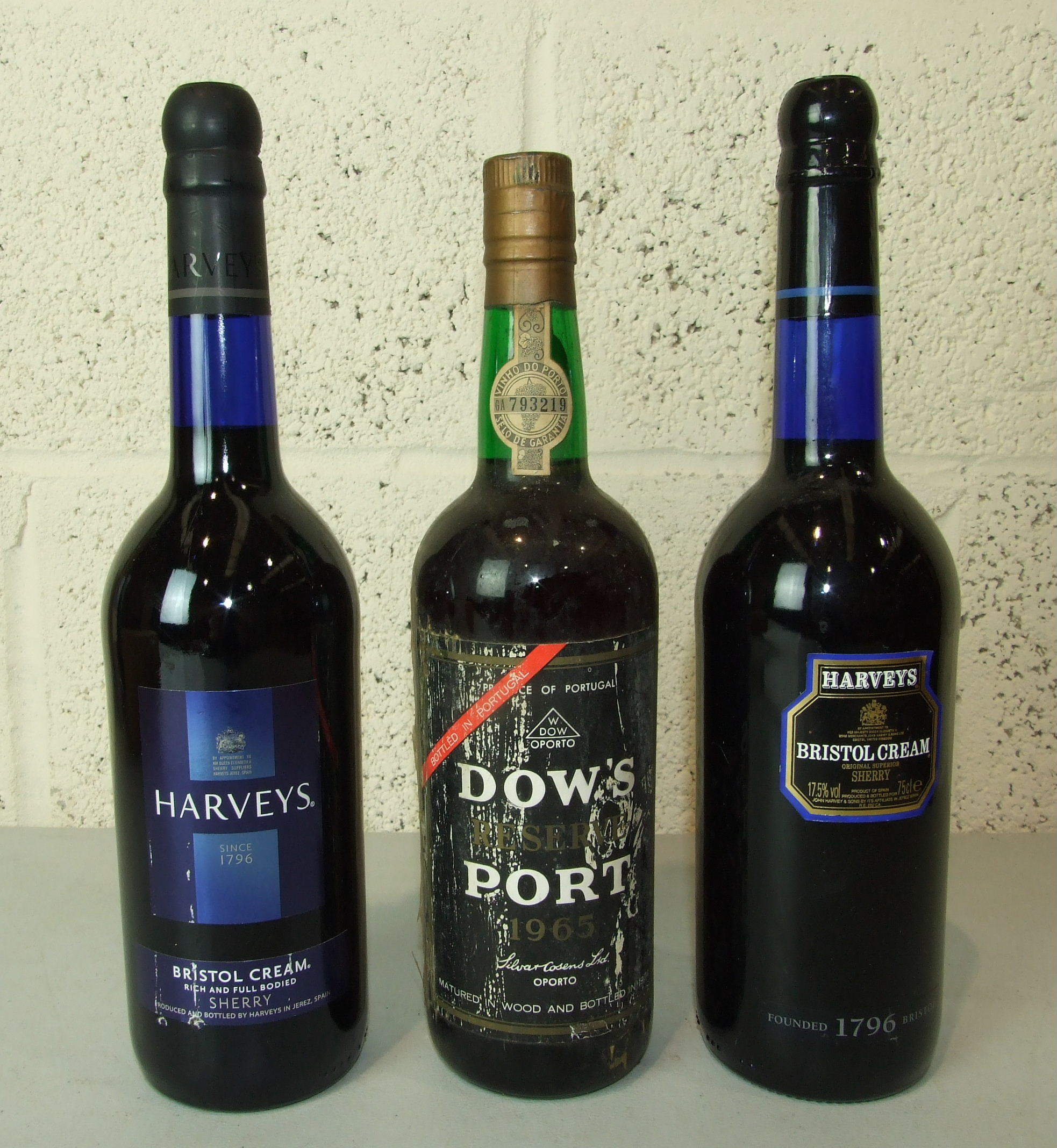 Dow's Reserve port, 1965, bottled in 1974, one bottle, Harvey's Bristol Cream sherry, 17.5% vol,