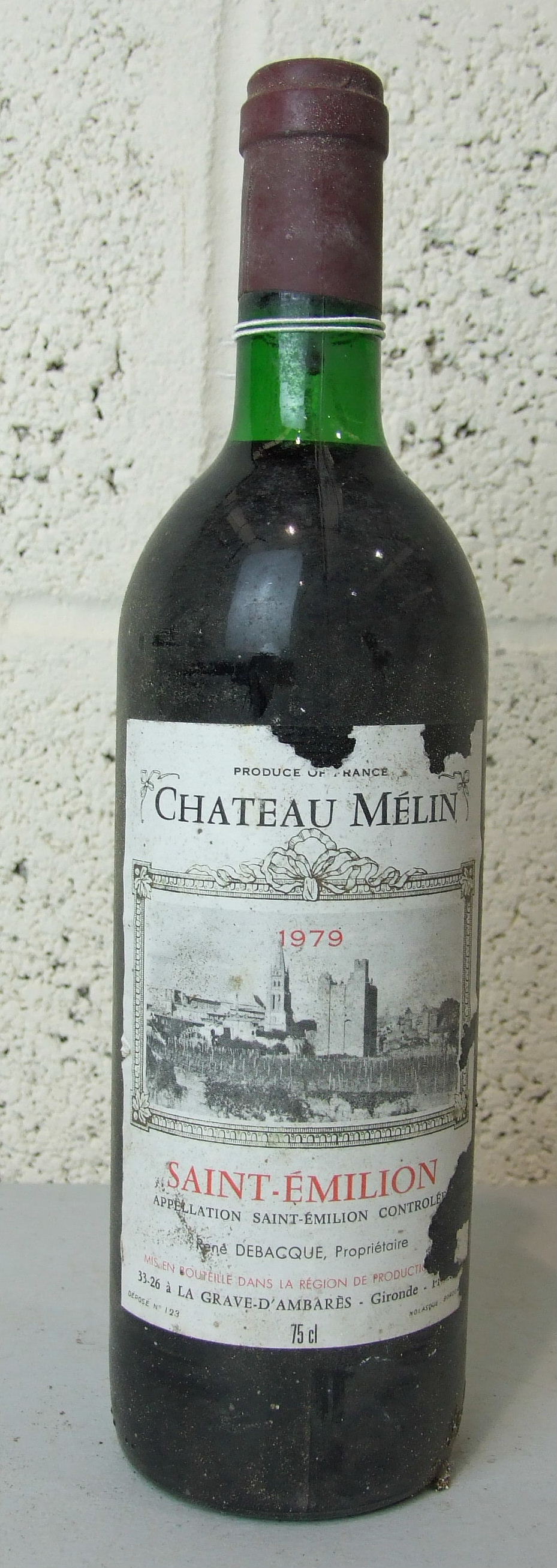 France, Chateau Mélin St Emilion 1979, high shoulder, damaged labels, one bottle, (1).