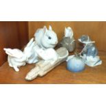 A collection of seven Royal Copenhagen animal figures, including 'White Rabbit' No.4705, a pair of