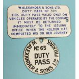 An enamelled W Alexander & Sons ltd sign relating to the return of Duty Pass no.399, 5.5 x 10.5cm