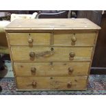 A late-19th century stripped pine straight-front chest of two short and three long drawers, 93cm