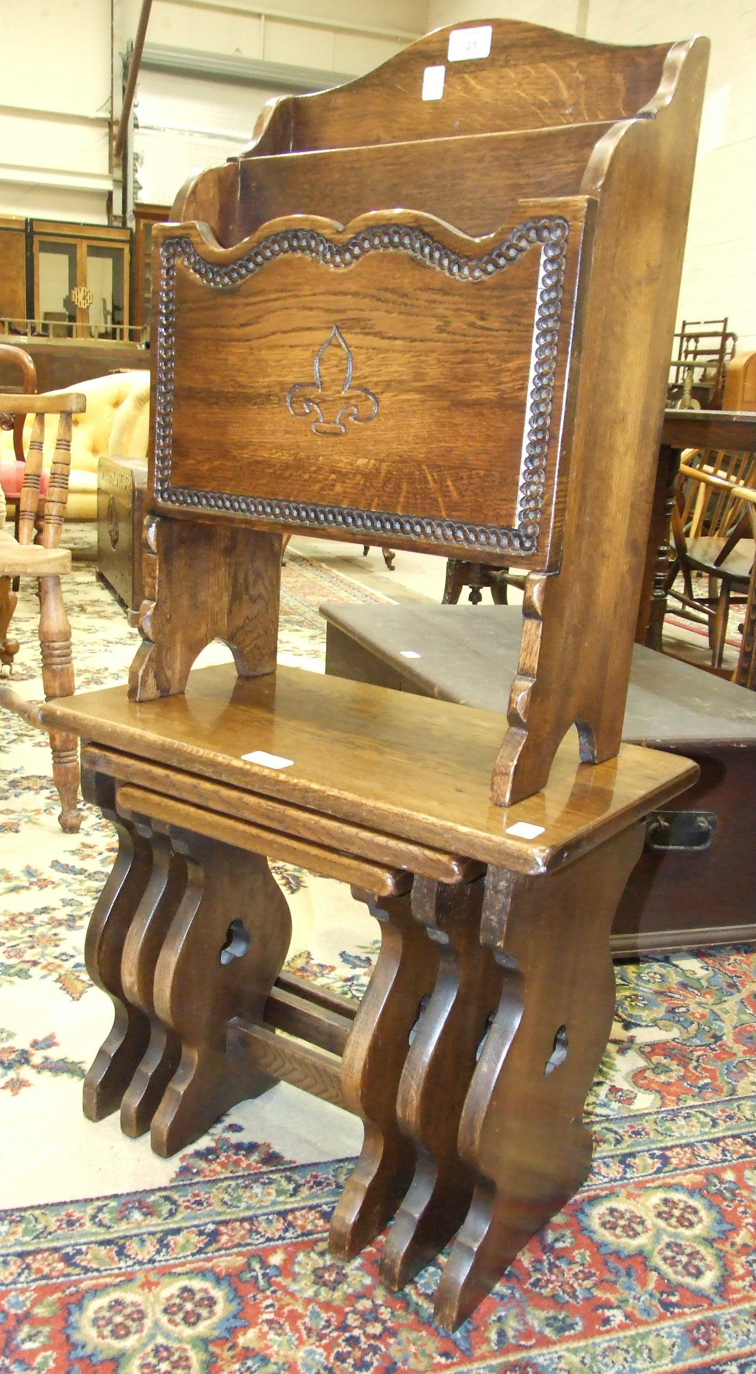 A Jaycee oak nest of three tables, 50cm wide and an oak magazine stand, (2).