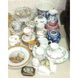 Three Prattware decorated plates, 18cm diameter, a modern Delft blue and white jug, various tea