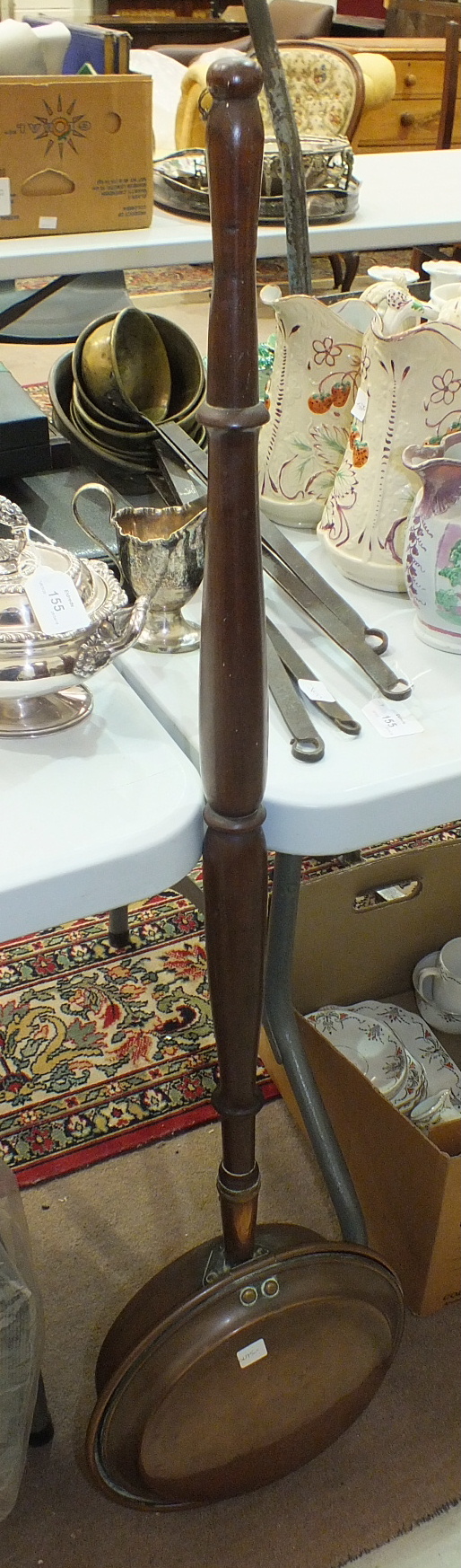 Six 19th century iron-handled brass ladles, longest 54cm, a copper bed warmer, a plated two- - Image 2 of 2