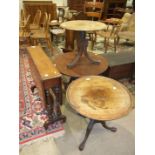 A mahogany Sutherland drop-leaf table, 75 x 90cm open and three shortened mahogany tripod tables, (