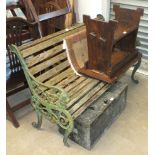 A weathered teak garden bench with metal end supports, 126cm wide, a small wooden chest, 65cm wide