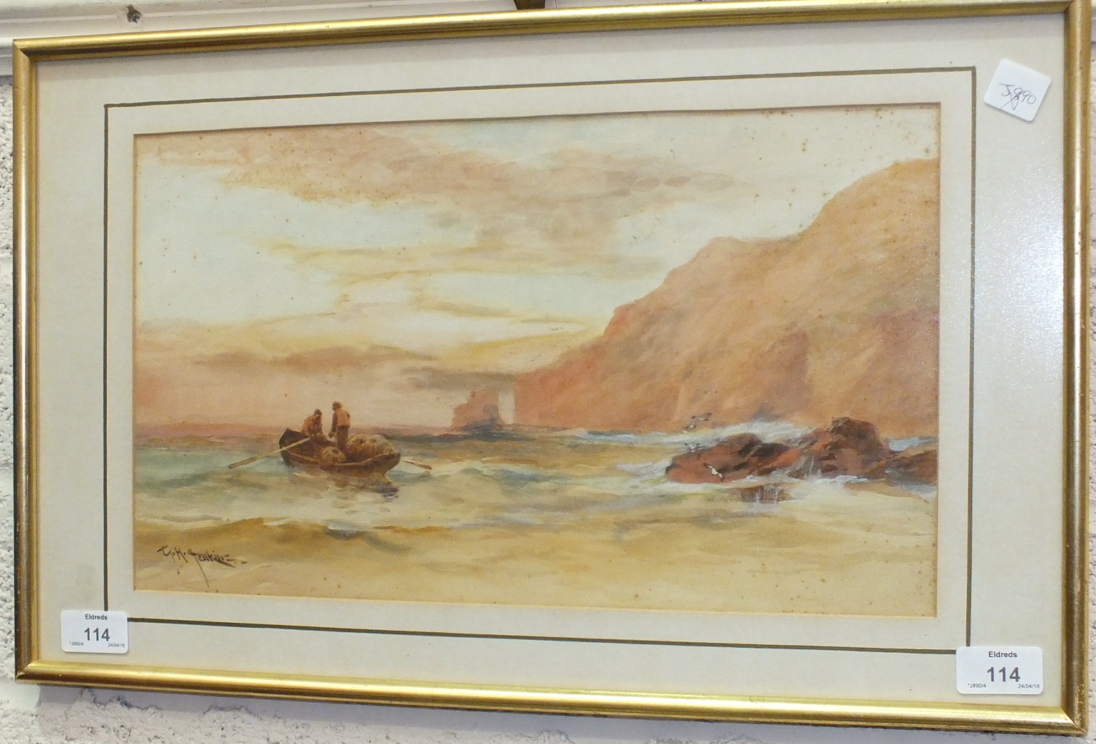 G H Jenkins, 'Crabbers in Bigbury Bay off Start Point', a signed watercolour, 23 x 40cm, titled