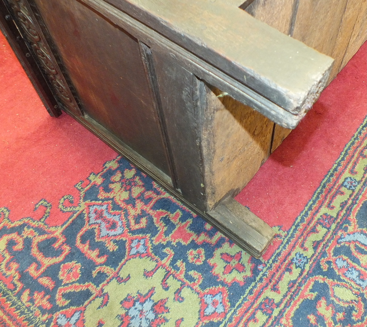 An antique oak coffer with carved panel front, 140cm wide. - Image 12 of 13