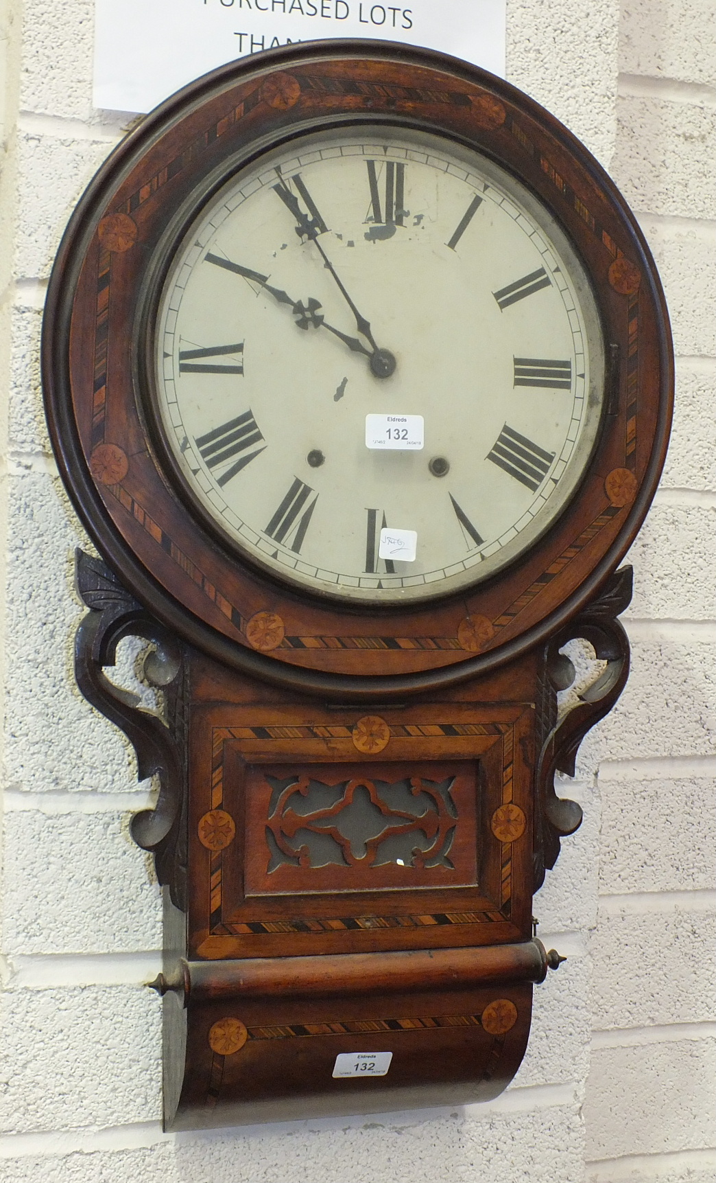 An inlaid wooden case drop-dial striking clock with painted dial, (a/f), 72cm high.