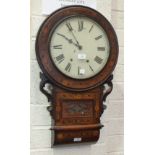 An inlaid wooden case drop-dial striking clock with painted dial, (a/f), 72cm high.