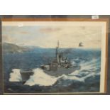 After Alan F Long, 'HMS Plymouth - Falkland Sound - May 1982', a limited edition coloured print,