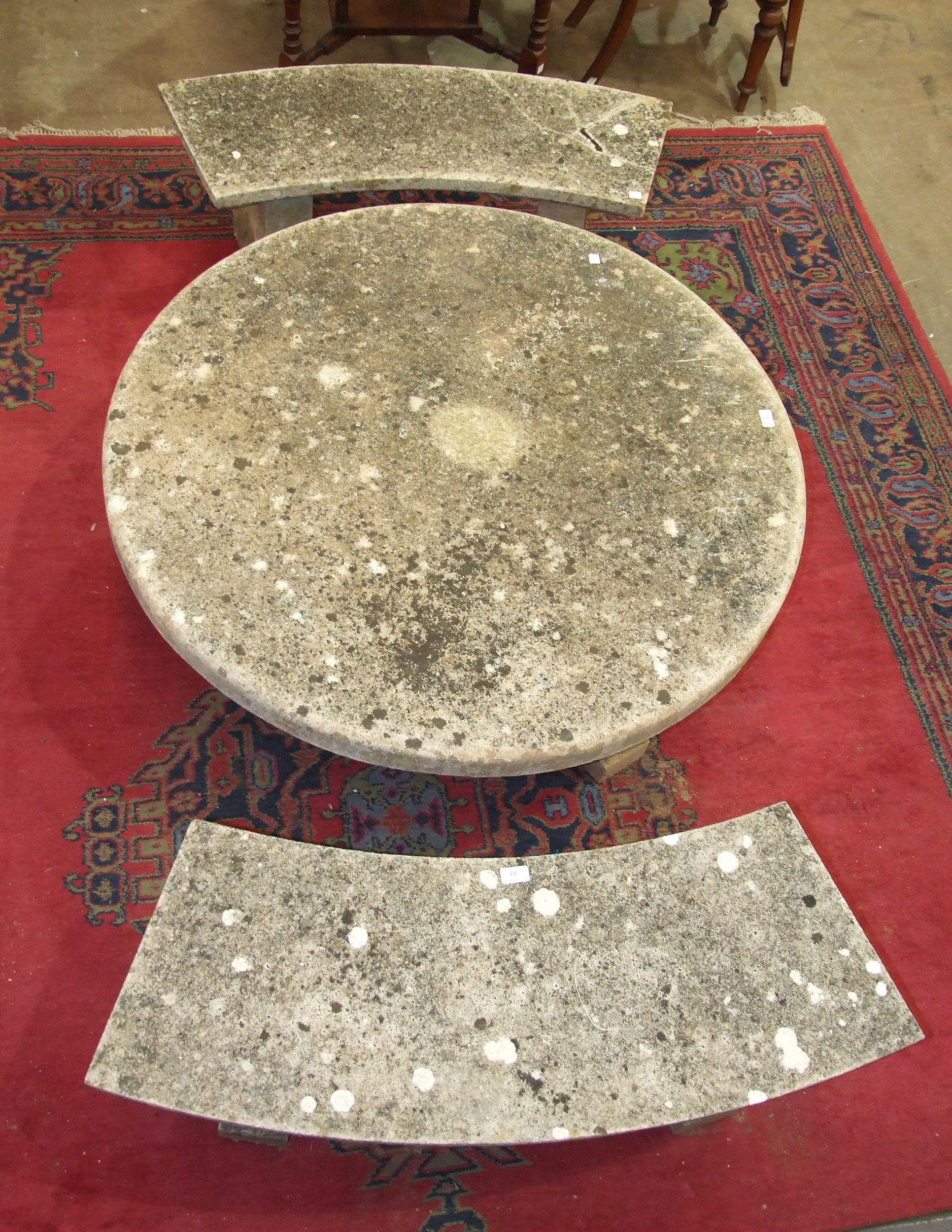 A minster stone circular low garden table, 116cm diameter, together with two minster stone curved - Image 2 of 3