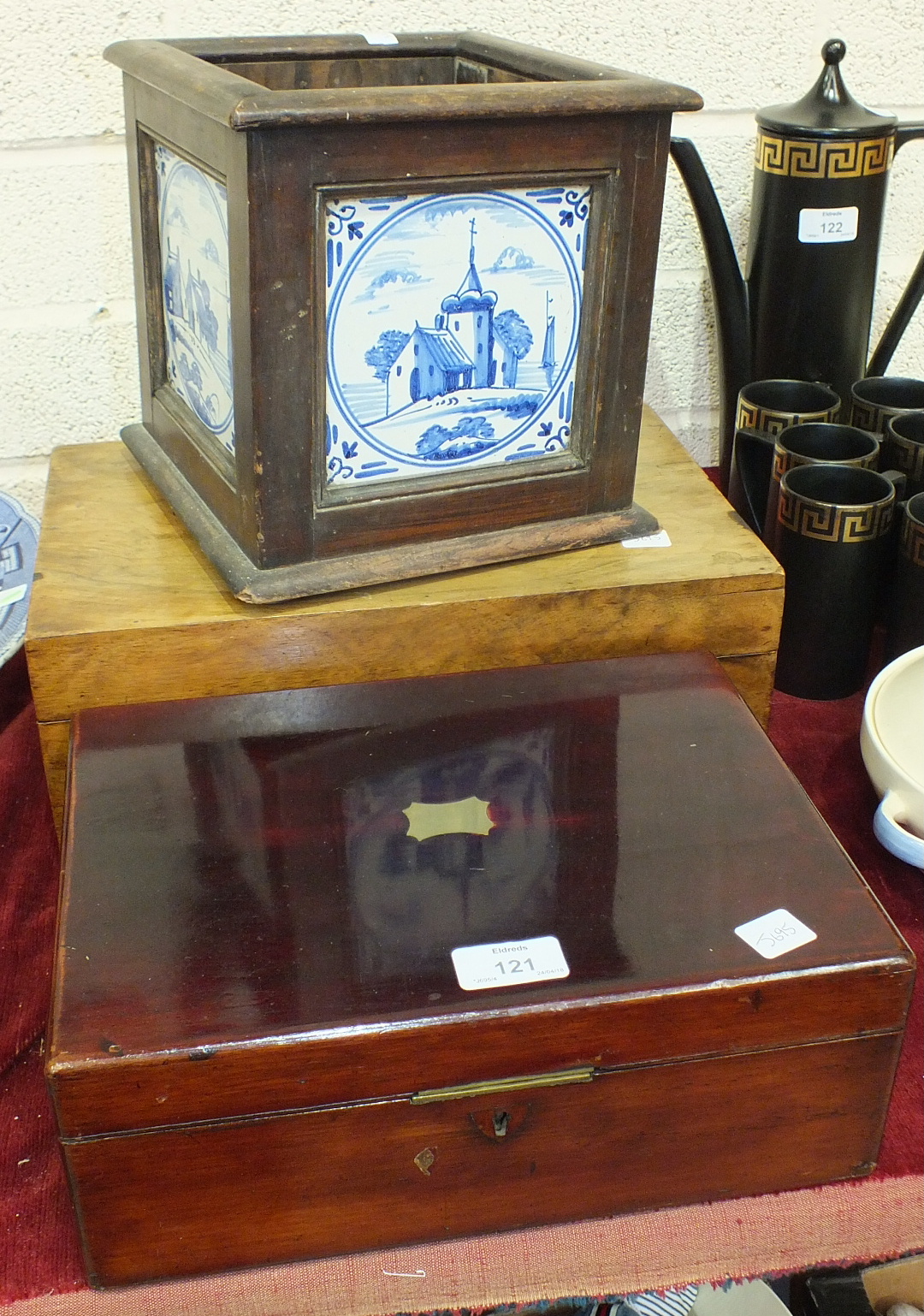 A late-19th century walnut writing slope, 35.5cm wide, a smaller stained mahogany writing slope, a - Image 2 of 2