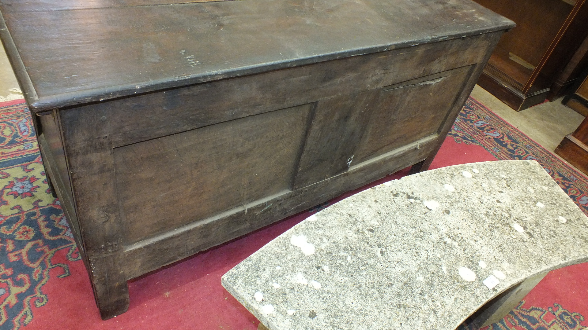 An antique oak coffer with carved panel front, 140cm wide. - Image 7 of 13