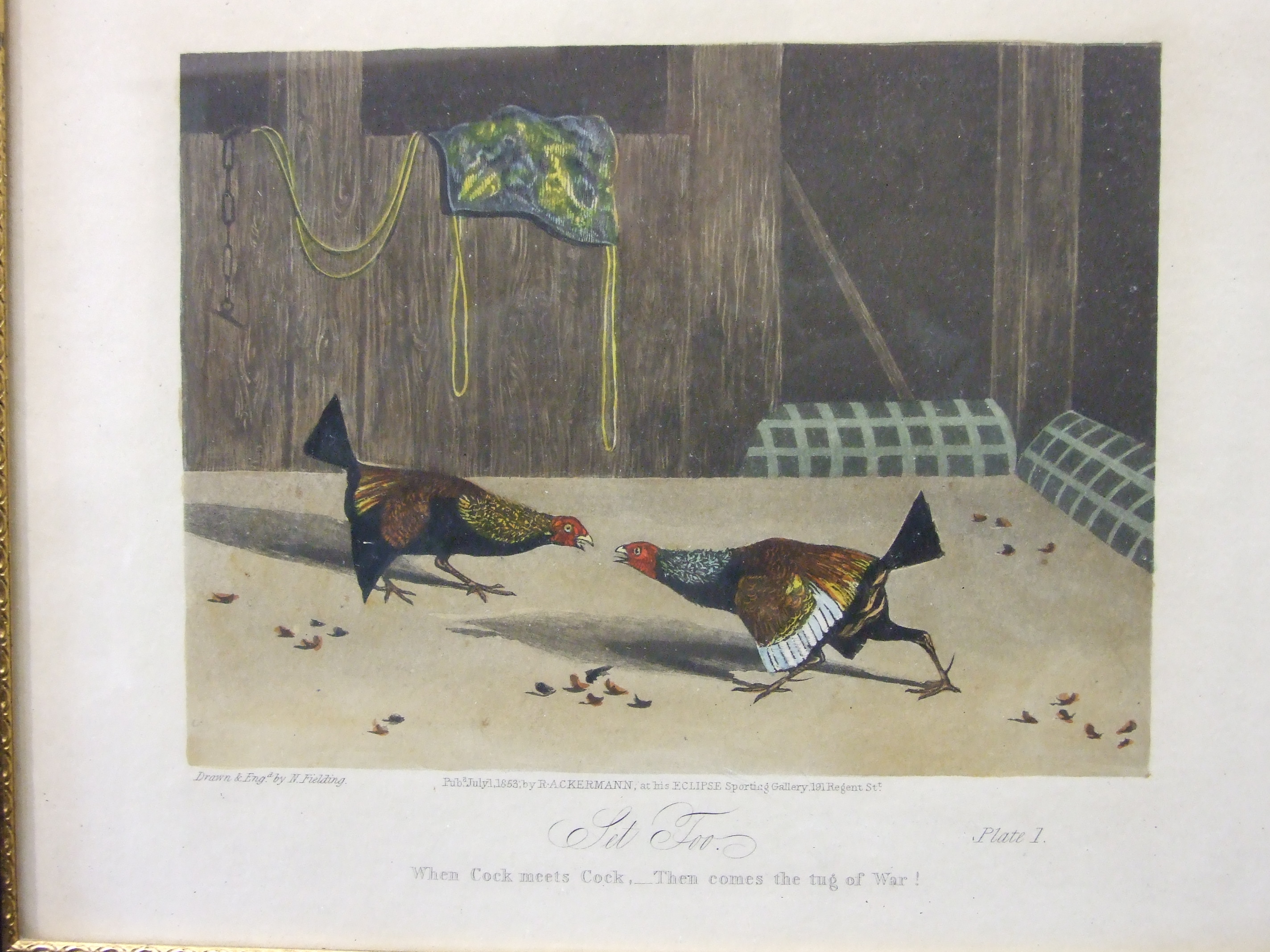 After N Fielding, a set of six cock fighting prints, pub. R A Ackermann 1853, 22 x 27cm, (6).