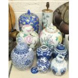A collection of eight 20th century Chinese ginger jars and covers, 33cm-13cm, a Honiton floral