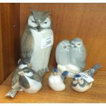 A collection of five Royal Copenhagen bird figures, including 'Tawny Owl' No.2999, 15cm, a pair of