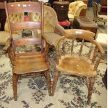A stained wood 'farmhouse'-style armchair and an elm-seated elbow chair on turned supports, (2).
