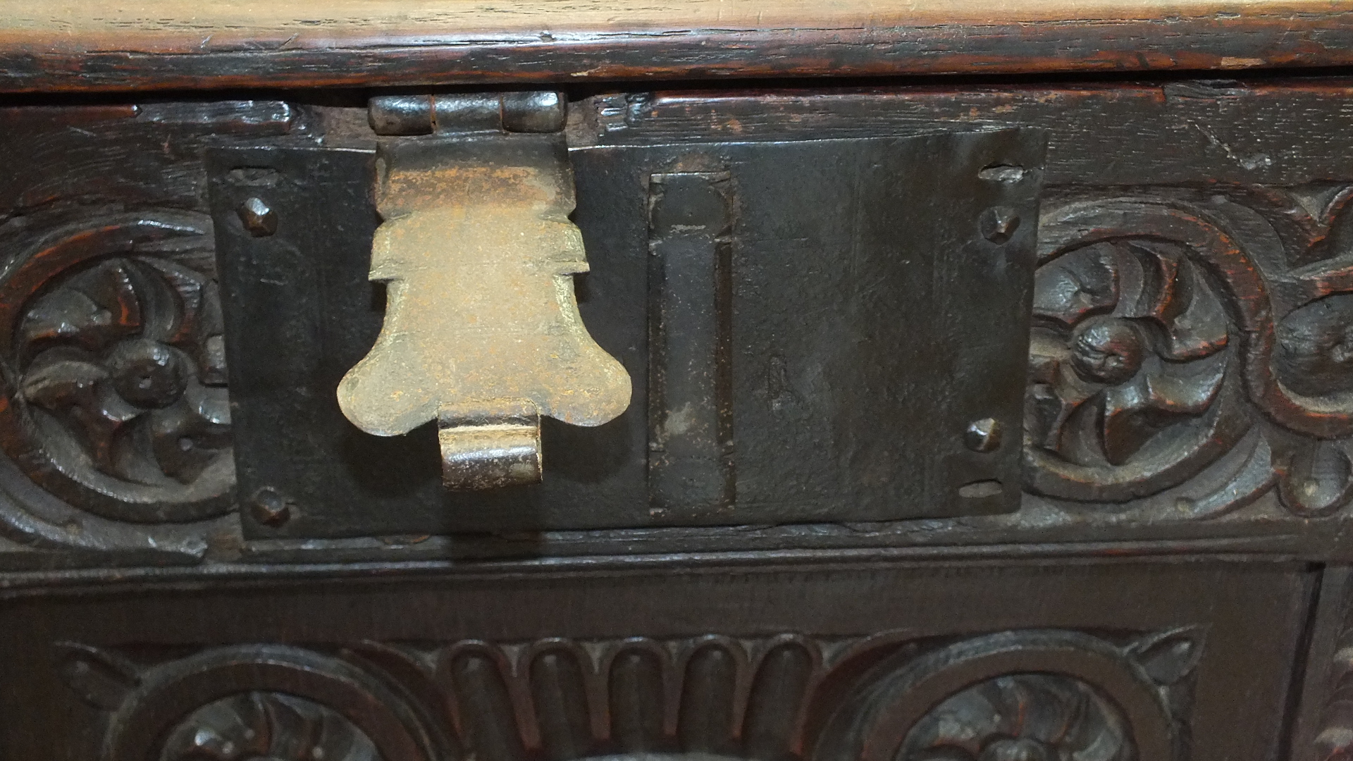 An antique oak coffer with carved panel front, 140cm wide. - Image 6 of 13