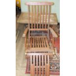 A teak garden table, 100 x 60cm, a teak steamer chair and a small table with slatted top, (3).