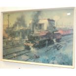 After Terence Cuneo, a coloured print 'Engines in a station', 80 x 55cm, on the reverse, a print