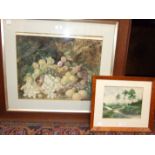 An unsigned still life watercolour depicting fruit on a mossy bank, 38 x 50cm, another watercolour