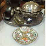 An oval Canton dish, 26cm and a cloisonné pot and cover, an oval plated tray, breakfast items, and