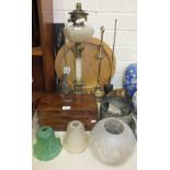 A late-19th century oil lamp, with clear cut-glass reservoir (a/f), brass and alabaster column on