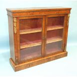 A Victorian walnut side cabinet, the rectangular top above a pair of plain glazed doors, on plinth