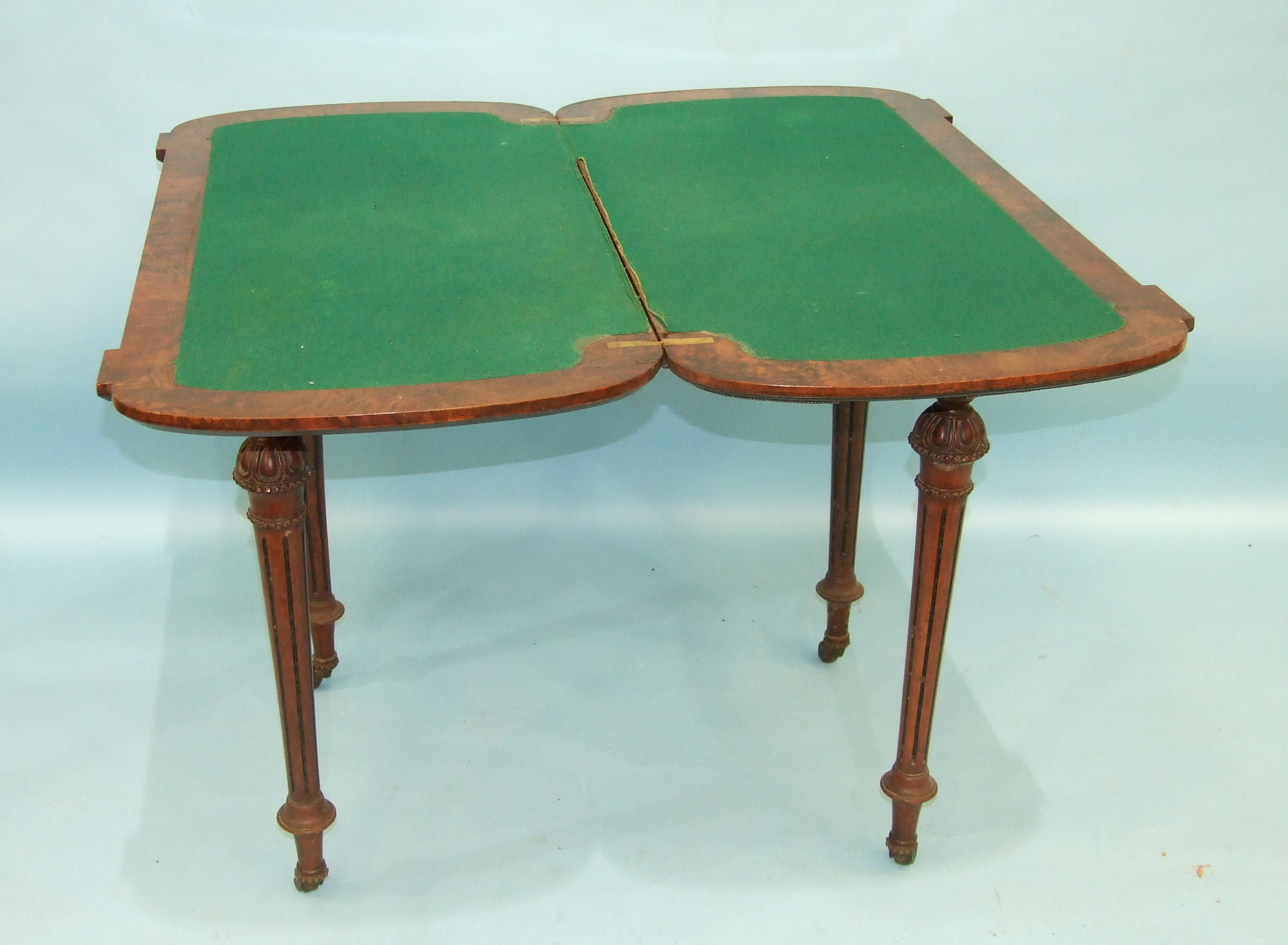 A Victorian burr walnut card table, the fold-over top with metal beaded border raised on carved - Image 2 of 2