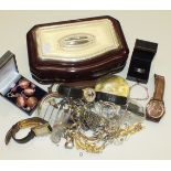 A modern jewellery box inset white metal plaque, a Klaus Kobec wrist watch and a quantity of costume