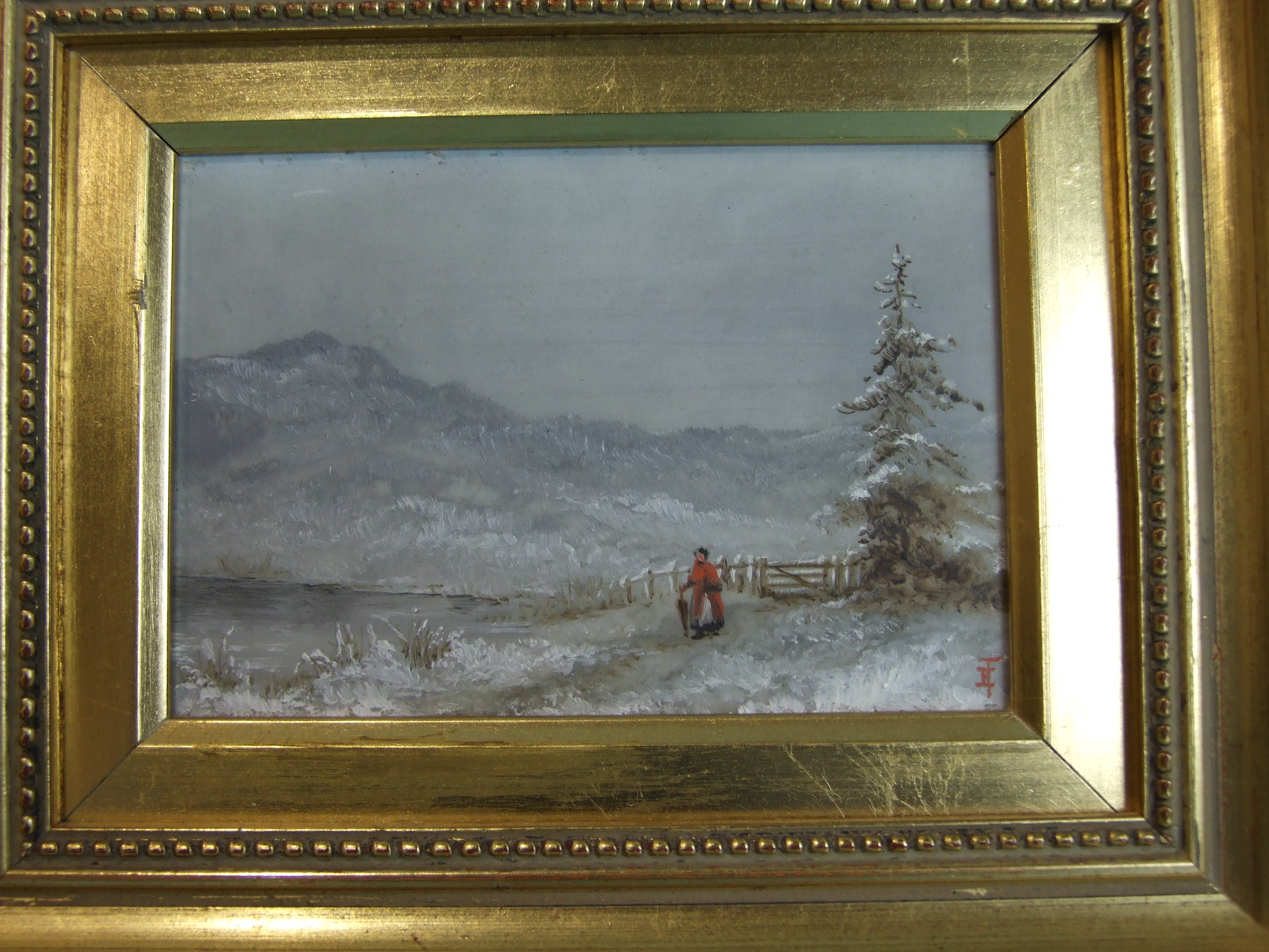 19th century, 'Figure in a winter landscape', oil on panel, 7 x 10.5cm, bears monogram 'TE' and a