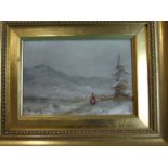 19th century, 'Figure in a winter landscape', oil on panel, 7 x 10.5cm, bears monogram 'TE' and a