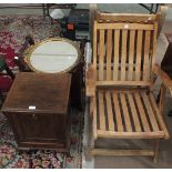 An oak coal purdonium, a music stool, a gilt frame mirror and a pair of modern slatted folding