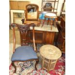 A marble-top tiled back washstand, a carved circular occasional table, a mahogany nursery chair