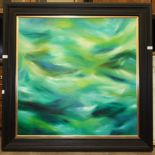 •Sue Wills (b. 1962) ABSTRACT, GREEN, BLUE, YELLOW, BLACK AND WHITE WAVES Signed oil on canvas,