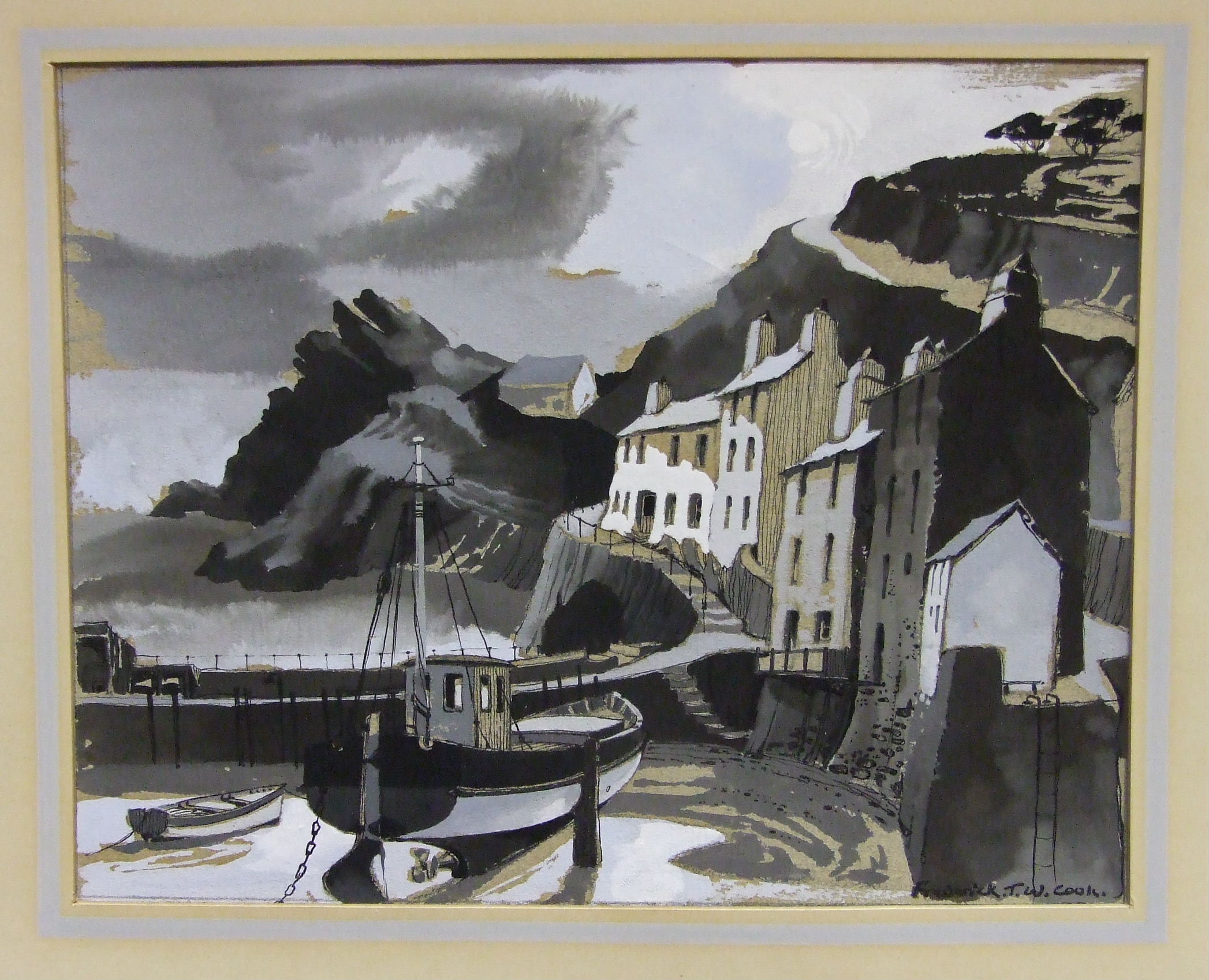 •Frederick J W Cook POLPERRO BY MOONLIGHT Signed watercolour, heightened in white, inscribed - Image 2 of 2