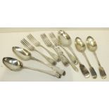 Three 19th century silver tablespoons, two dessert spoons, various dates, four sterling silver forks